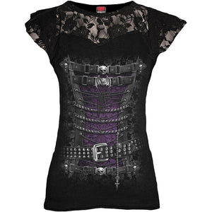 Open image in slideshow, WAISTED CORSET - Lace Layered Cap Sleeve Top Black
